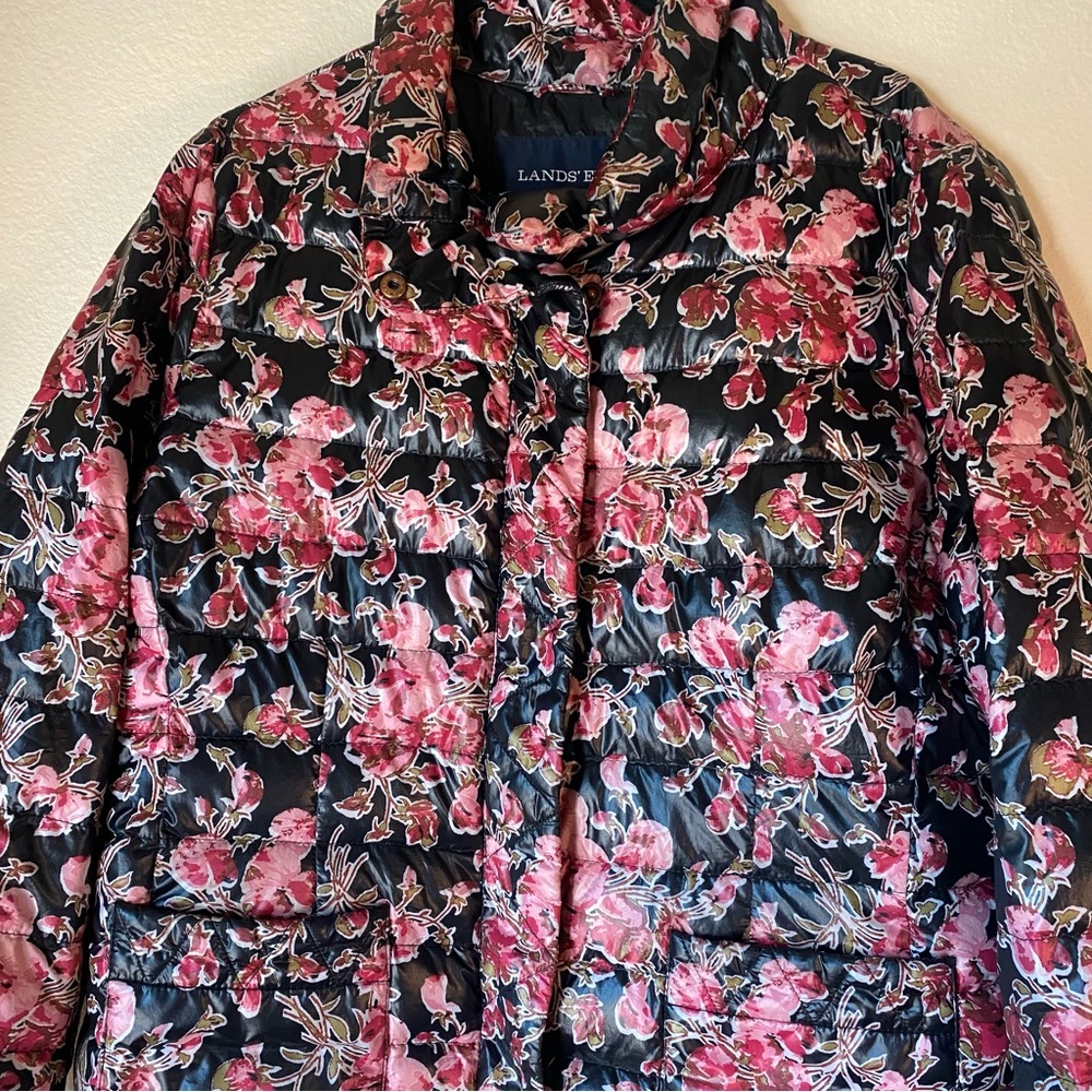 Lands' End Floral Puffer Down Jacket, Size Medium - Picture 2 of 9